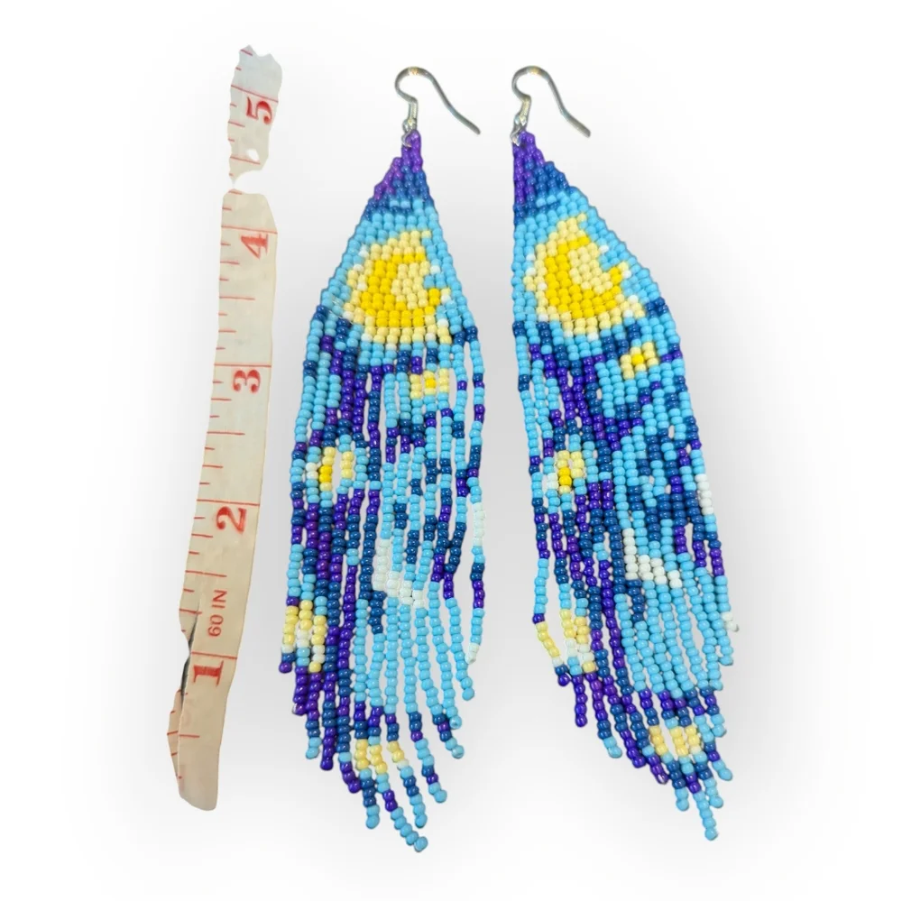 Van Gogh Starry Night Inspired Beaded Earrings Hooks Handmade - Picture 2 of 3
